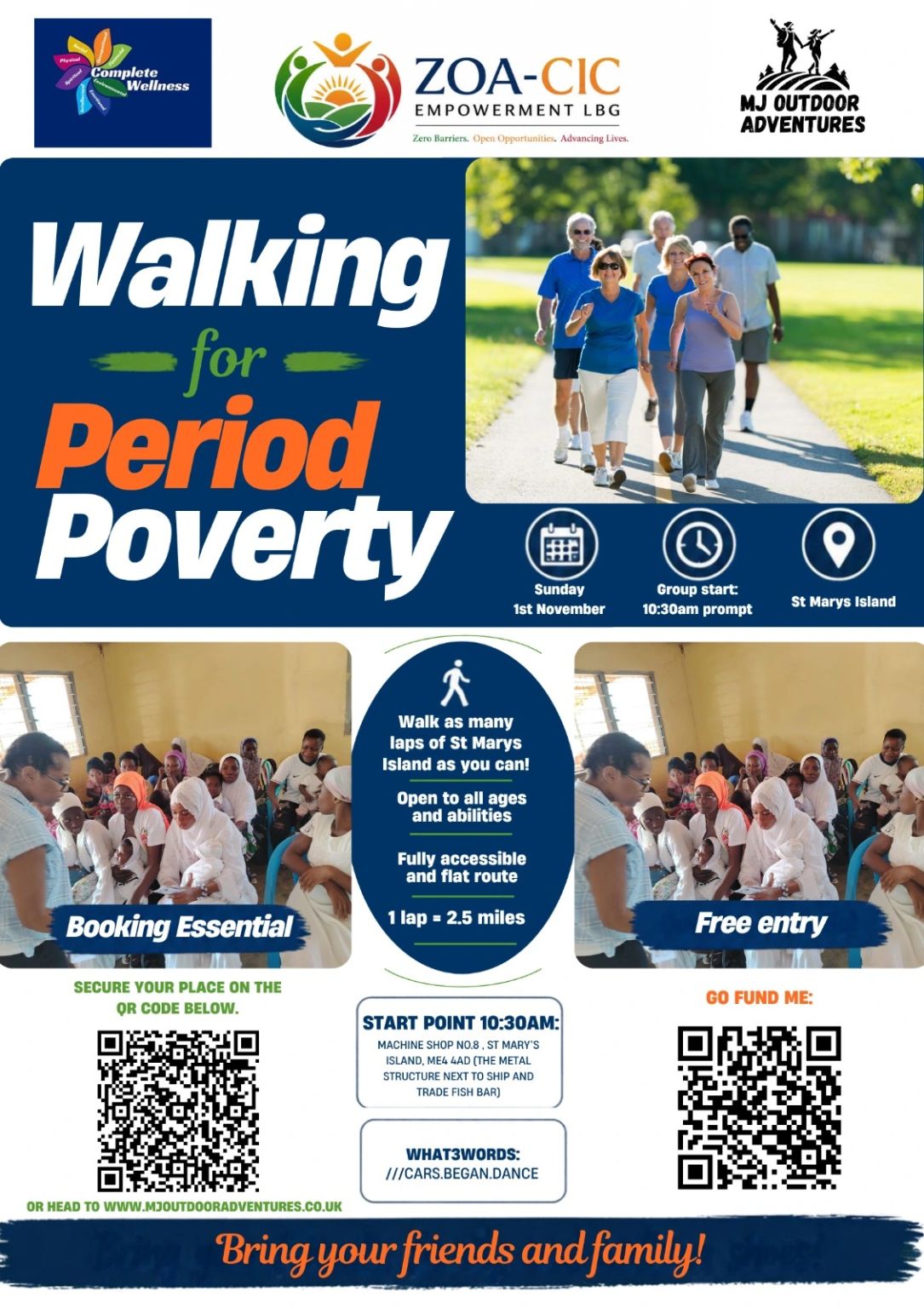 Walking for Period Poverty event poster; all event details are provided in the adjacent text.